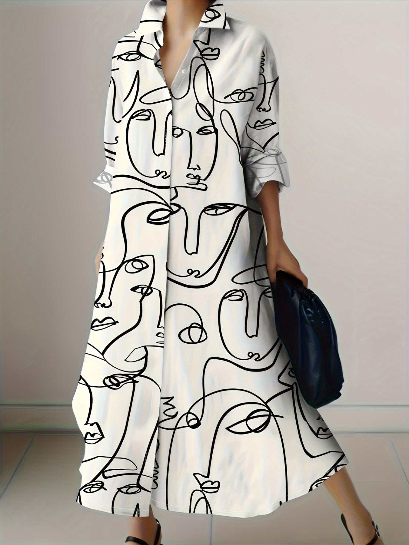 Abstract Face Print Button Up Shirt Dress, Vacation Long Sleeve Collared Loose Maxi Dress, Women's Clothing